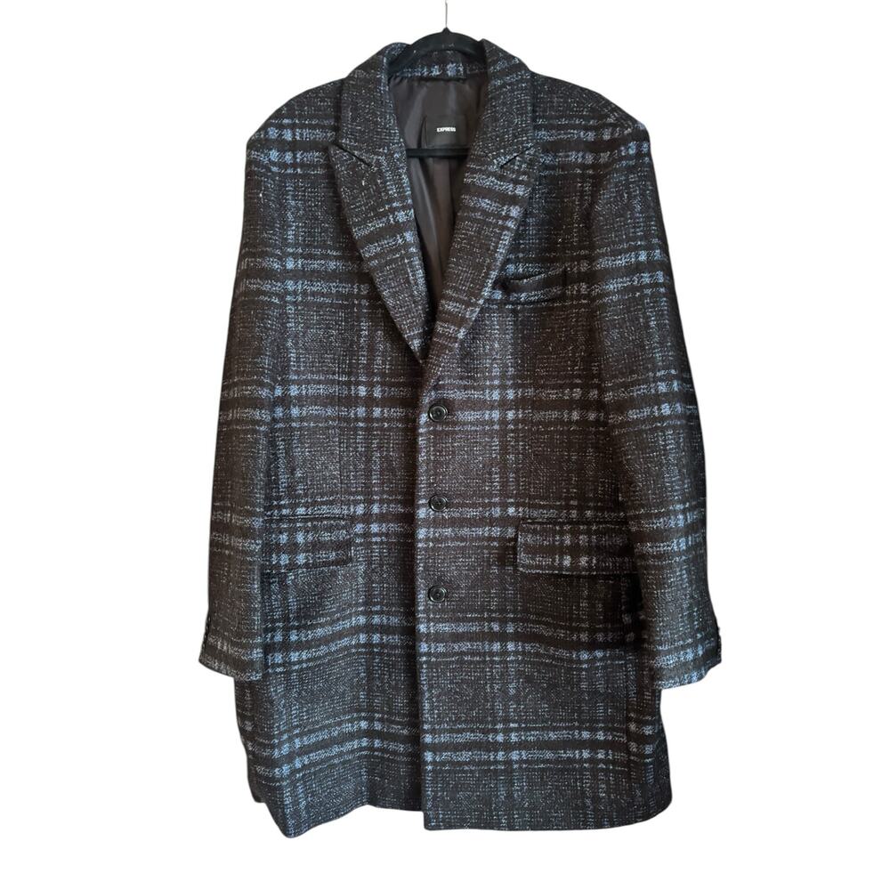 Express Men’s Plaid Wool Blend Topcoat Blue Black Button Up Lined Pockets XL